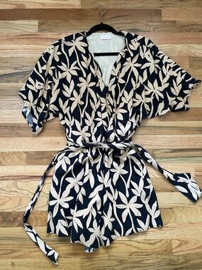 Pink Lily Black and Cream Floral Tie-Waist Romper